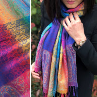A-SHU LARGE BLUE RAINBOW FLORAL PAISLEY PASHMINA SHAWL SCARF - A-SHU.CO.UK