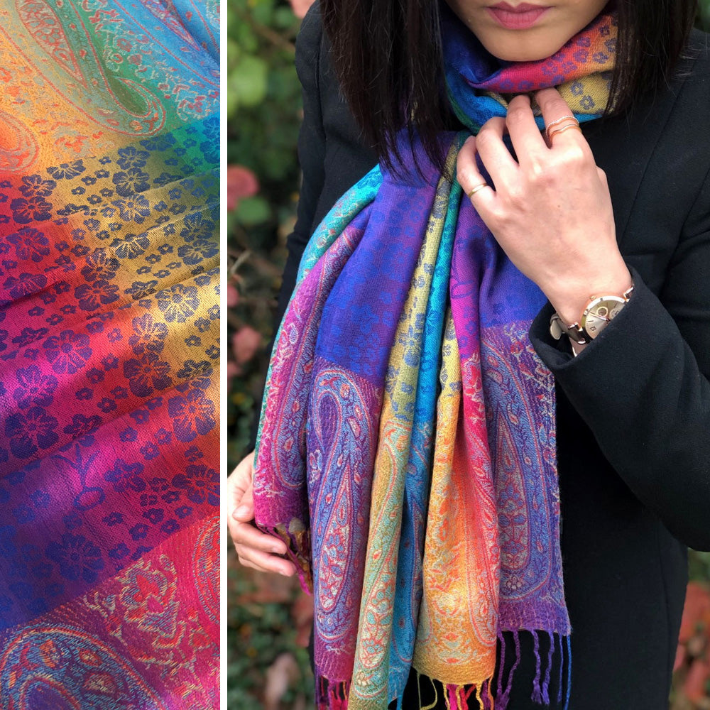 A-SHU LARGE BLUE RAINBOW FLORAL PAISLEY PASHMINA SHAWL SCARF - A-SHU.CO.UK