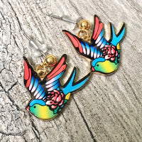 A-SHU MULTI-COLOUR SWALLOW BIRD DANGLE DROP STUD EARRINGS - A-SHU.CO.UK