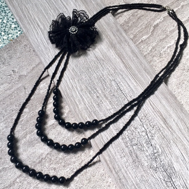 A-SHU LONG BEADED PEARL CORSAGE MULTI-LAYER NECKLACE - BLACK - A-SHU.CO.UK
