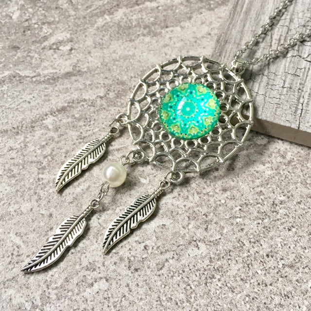 A-SHU LONG TRIBAL INSPIRED DREAM CATCHER PENDANT LOTUS NECKLACE - A-SHU.CO.UK