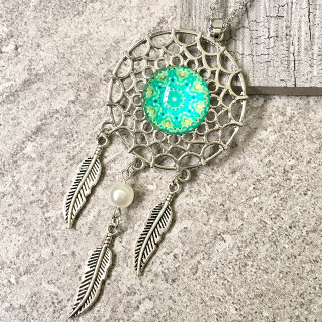 A-SHU LONG TRIBAL INSPIRED DREAM CATCHER PENDANT LOTUS NECKLACE - A-SHU.CO.UK