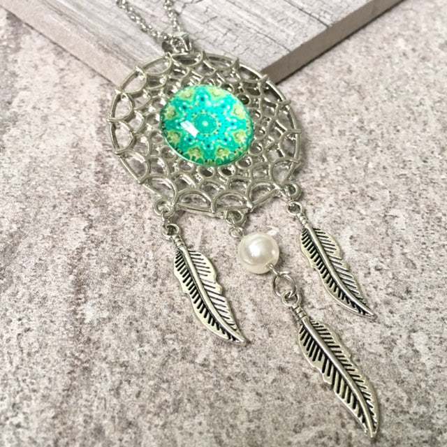 A-SHU LONG TRIBAL INSPIRED DREAM CATCHER PENDANT LOTUS NECKLACE - A-SHU.CO.UK