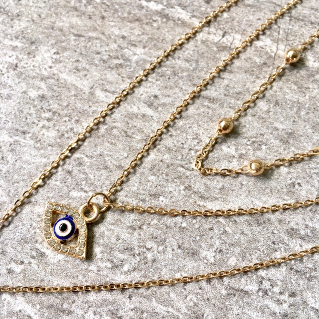 A-SHU EVIL EYE OPAL STONE GOLD MULTI LAYER DAINTY CHOKER NECKLACE - A-SHU.CO.UK