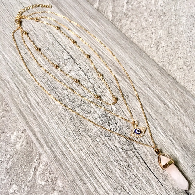 A-SHU EVIL EYE OPAL STONE GOLD MULTI LAYER DAINTY CHOKER NECKLACE - A-SHU.CO.UK