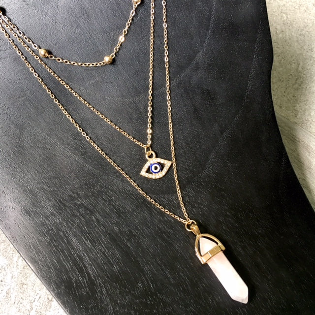 A-SHU EVIL EYE OPAL STONE GOLD MULTI LAYER DAINTY CHOKER NECKLACE - A-SHU.CO.UK