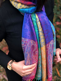 A-SHU LARGE BLUE RAINBOW FLORAL PAISLEY PASHMINA SHAWL SCARF - A-SHU.CO.UK