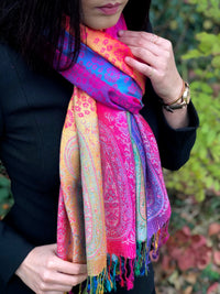A-SHU LARGE FUSCHIA PINK RAINBOW FLORAL PAISLEY PASHMINA SHAWL SCARF - A-SHU.CO.UK