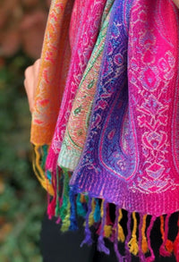 A-SHU LARGE FUSCHIA PINK RAINBOW FLORAL PAISLEY PASHMINA SHAWL SCARF - A-SHU.CO.UK