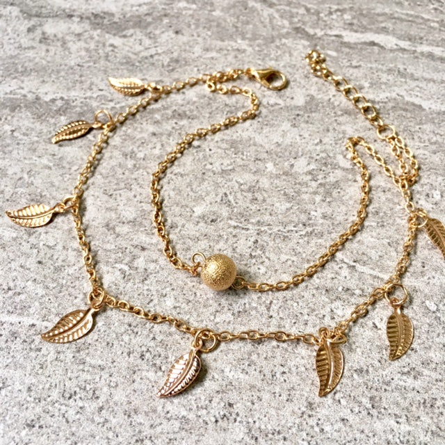 A-SHU GOLD MULTI LAYER BOHO ANKLET / ANKLE BRACELET WITH LEAF AND BALL DESIGN - A-SHU.CO.UK