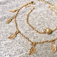 A-SHU GOLD MULTI LAYER BOHO ANKLET / ANKLE BRACELET WITH LEAF AND BALL DESIGN - A-SHU.CO.UK
