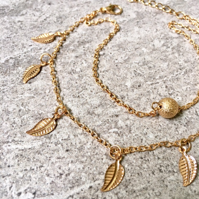 A-SHU GOLD MULTI LAYER BOHO ANKLET / ANKLE BRACELET WITH LEAF AND BALL DESIGN - A-SHU.CO.UK