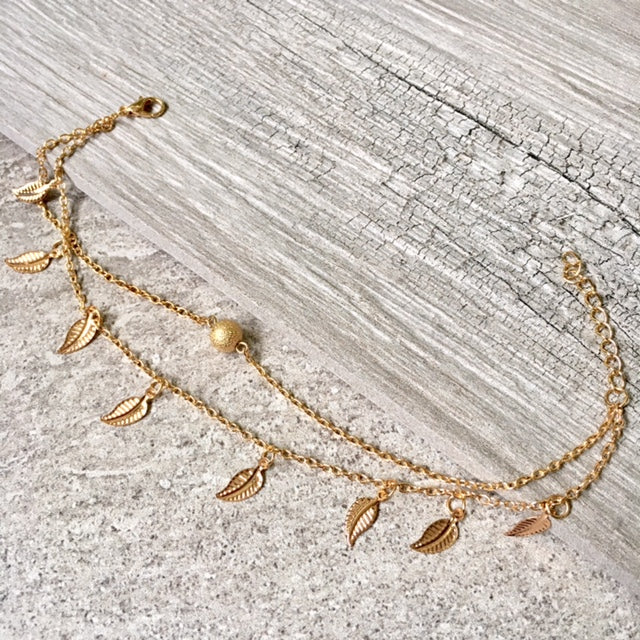 A-SHU GOLD MULTI LAYER BOHO ANKLET / ANKLE BRACELET WITH LEAF AND BALL DESIGN - A-SHU.CO.UK