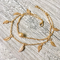 A-SHU GOLD MULTI LAYER BOHO ANKLET / ANKLE BRACELET WITH LEAF AND BALL DESIGN - A-SHU.CO.UK