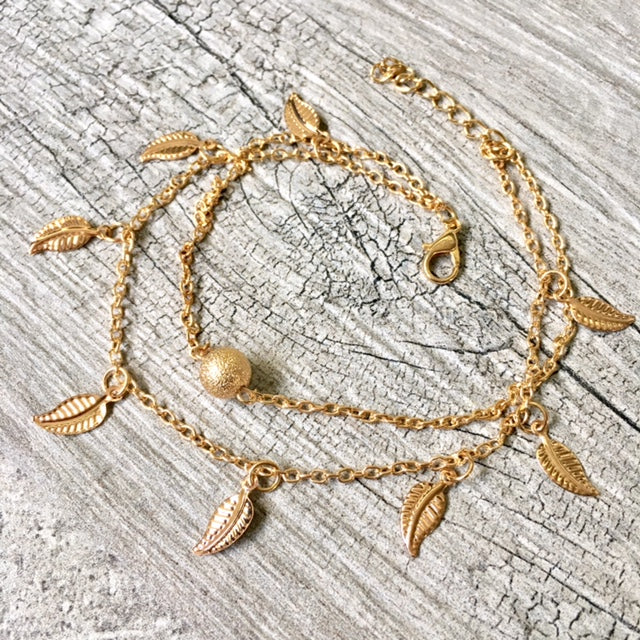 A-SHU GOLD MULTI LAYER BOHO ANKLET / ANKLE BRACELET WITH LEAF AND BALL DESIGN - A-SHU.CO.UK