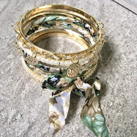 A-SHU BOHO INSPIRED GOLD PEARL GREEN FLORAL MIXED BANGLE SET - A-SHU.CO.UK