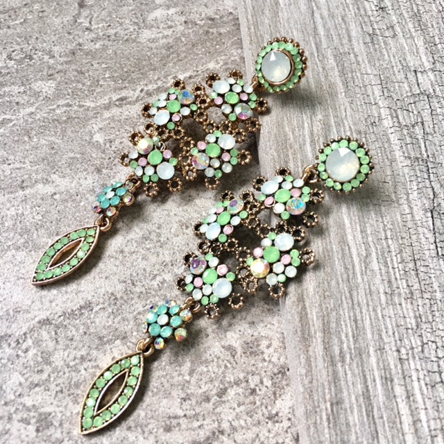 A-SHU LONG PASTEL GREEN DIAMANTE STONE CRYSTAL DROP SEMI-FROSTED EARRINGS - A-SHU.CO.UK