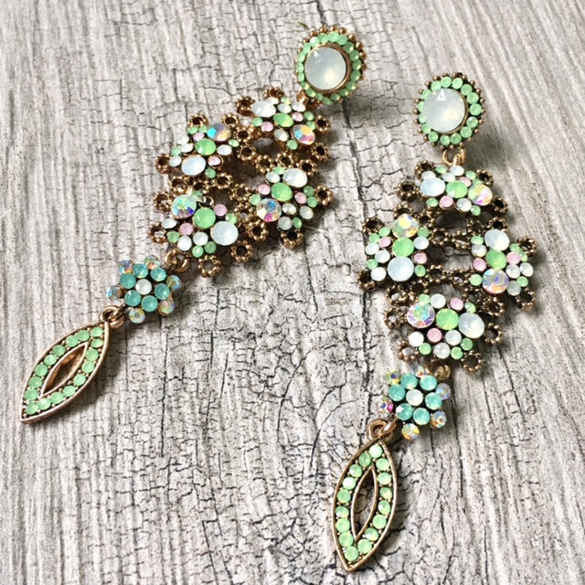 A-SHU LONG PASTEL GREEN DIAMANTE STONE CRYSTAL DROP SEMI-FROSTED EARRINGS - A-SHU.CO.UK
