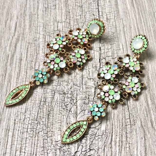 A-SHU LONG PASTEL GREEN DIAMANTE STONE CRYSTAL DROP SEMI-FROSTED EARRINGS - A-SHU.CO.UK