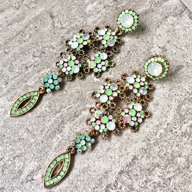 A-SHU LONG PASTEL GREEN DIAMANTE STONE CRYSTAL DROP SEMI-FROSTED EARRINGS - A-SHU.CO.UK