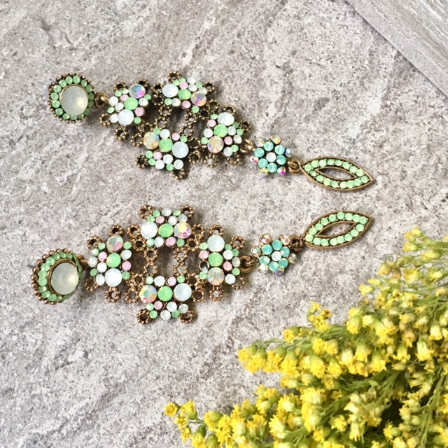 A-SHU LONG PASTEL GREEN DIAMANTE STONE CRYSTAL DROP SEMI-FROSTED EARRINGS - A-SHU.CO.UK
