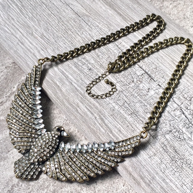 A-SHU VINTAGE ANTIQUE GOLD EAGLE BIRD NECKLACE WITH DIAMANTE STONES - A-SHU.CO.UK