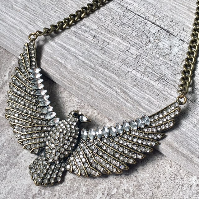 A-SHU VINTAGE ANTIQUE GOLD EAGLE BIRD NECKLACE WITH DIAMANTE STONES - A-SHU.CO.UK