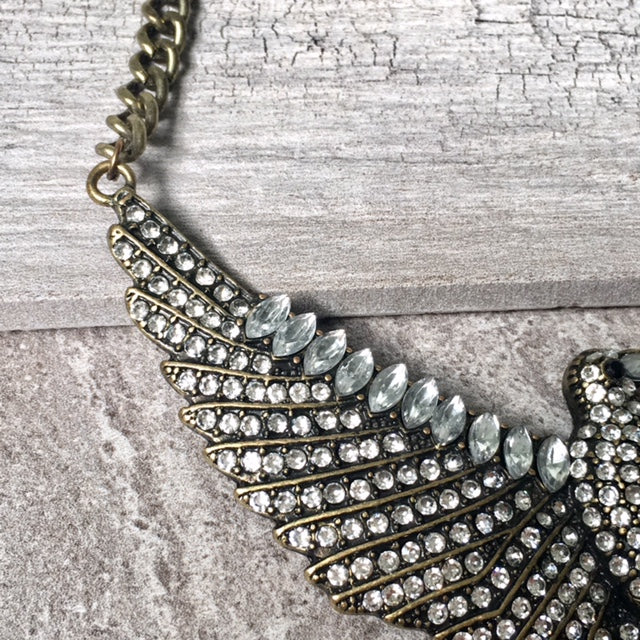 A-SHU VINTAGE ANTIQUE GOLD EAGLE BIRD NECKLACE WITH DIAMANTE STONES - A-SHU.CO.UK