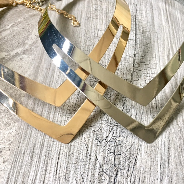 A-SHU SHORT GEOMETRIC COLLAR SILVER MULTI LAYER METAL CHOKER NECKLACE - A-SHU.CO.UK