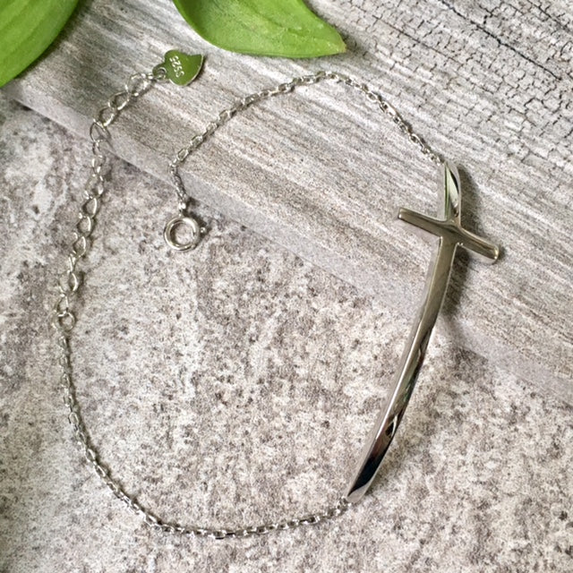 A-SHU SOLID 925 STERLING SILVER SIDEWAYS CROSS DAINTY BRACELET - A-SHU.CO.UK