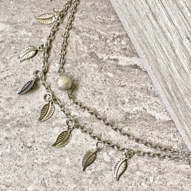A-SHU SILVER MULTI LAYER BOHO ANKLET / ANKLE BRACELET WITH LEAF AND BALL DESIGN - A-SHU.CO.UK