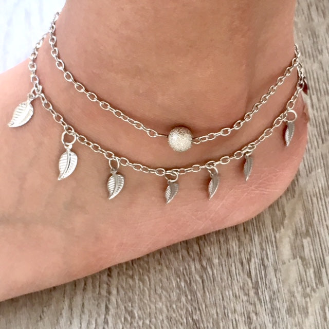 A-SHU SILVER MULTI LAYER BOHO ANKLET / ANKLE BRACELET WITH LEAF AND BALL DESIGN - A-SHU.CO.UK