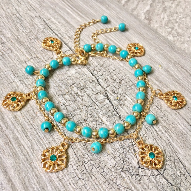 A-SHU TURQUOISE BLUE BOHO INSPIRED GOLD PLATED 2 PIECE ANKLET / ANKLE BRACELET SET - A-SHU.CO.UK