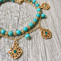 A-SHU TURQUOISE BLUE BOHO INSPIRED GOLD PLATED 2 PIECE ANKLET / ANKLE BRACELET SET - A-SHU.CO.UK