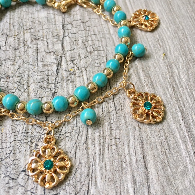 A-SHU TURQUOISE BLUE BOHO INSPIRED GOLD PLATED 2 PIECE ANKLET / ANKLE BRACELET SET - A-SHU.CO.UK