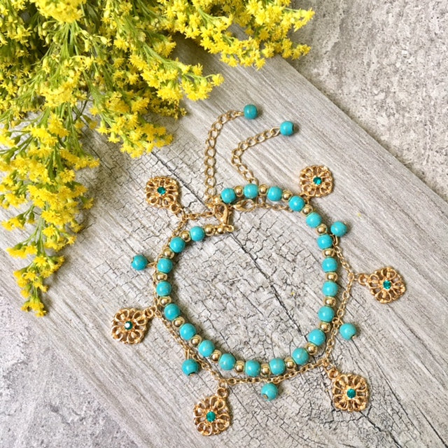 A-SHU TURQUOISE BLUE BOHO INSPIRED GOLD PLATED 2 PIECE ANKLET / ANKLE BRACELET SET - A-SHU.CO.UK