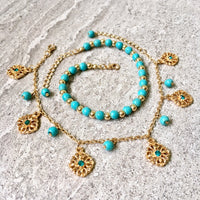 A-SHU TURQUOISE BLUE BOHO INSPIRED GOLD PLATED 2 PIECE ANKLET / ANKLE BRACELET SET - A-SHU.CO.UK