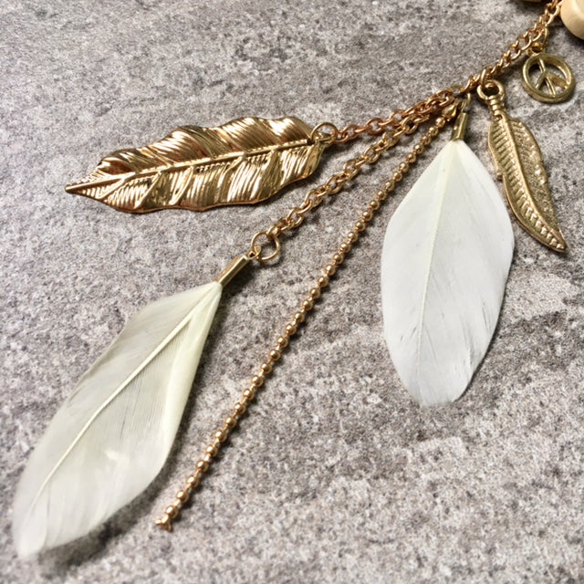 A-SHU LONG BOHO INSPIRED LIGHTWEIGHT CREAM FEATHER BEADED EARRINGS - A-SHU.CO.UK