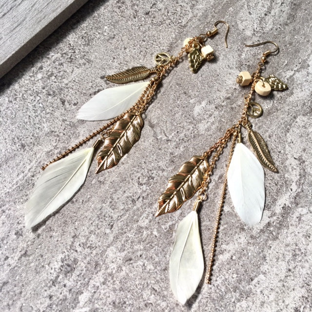 A-SHU LONG BOHO INSPIRED LIGHTWEIGHT CREAM FEATHER BEADED EARRINGS - A-SHU.CO.UK