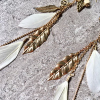 A-SHU LONG BOHO INSPIRED LIGHTWEIGHT CREAM FEATHER BEADED EARRINGS - A-SHU.CO.UK
