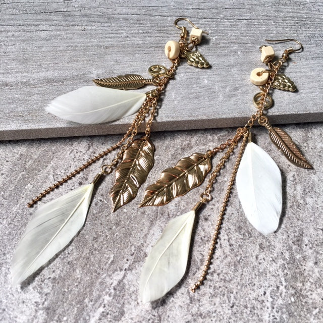 A-SHU LONG BOHO INSPIRED LIGHTWEIGHT CREAM FEATHER BEADED EARRINGS - A-SHU.CO.UK