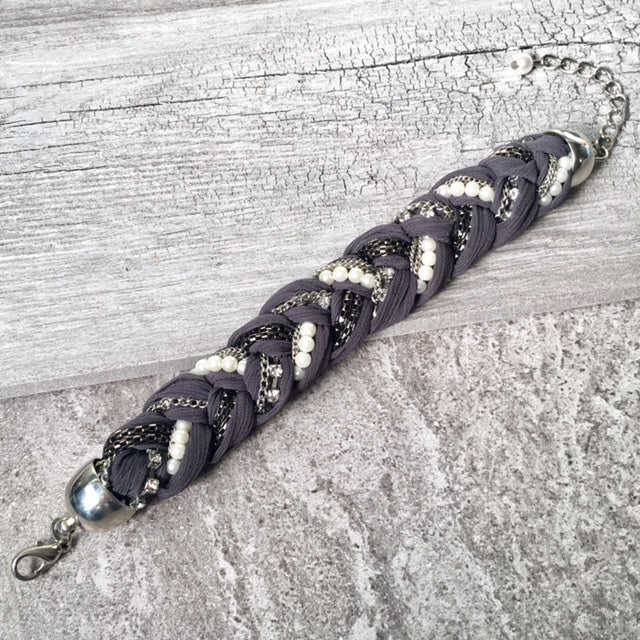 A-SHU PEARL AND DIAMANTE PLAITED / BRAIDED FABRIC BRACELET - A-SHU.CO.UK