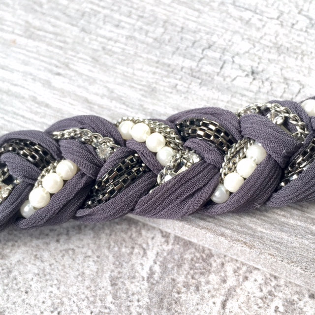 A-SHU PEARL AND DIAMANTE PLAITED / BRAIDED FABRIC BRACELET - A-SHU.CO.UK