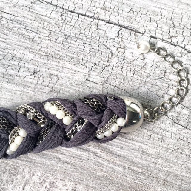 A-SHU PEARL AND DIAMANTE PLAITED / BRAIDED FABRIC BRACELET - A-SHU.CO.UK