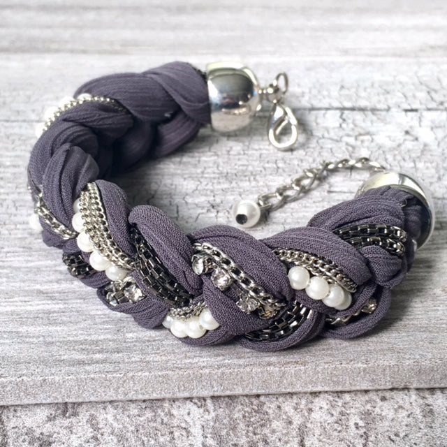 A-SHU PEARL AND DIAMANTE PLAITED / BRAIDED FABRIC BRACELET - A-SHU.CO.UK