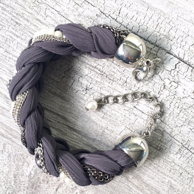 A-SHU PEARL AND DIAMANTE PLAITED / BRAIDED FABRIC BRACELET - A-SHU.CO.UK