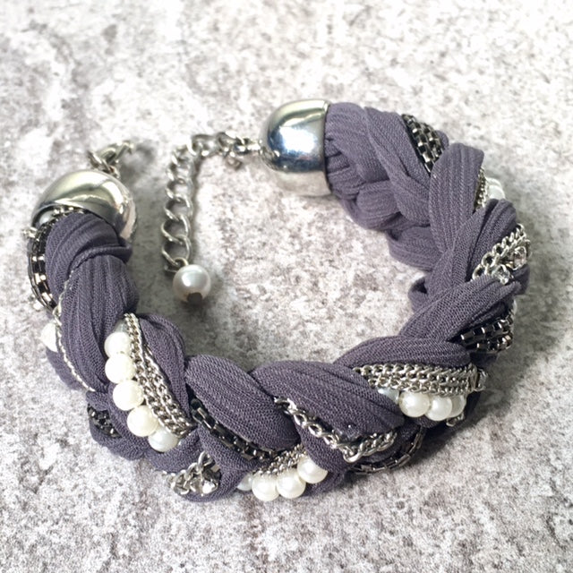 A-SHU PEARL AND DIAMANTE PLAITED / BRAIDED FABRIC BRACELET - A-SHU.CO.UK