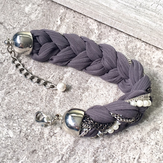 A-SHU PEARL AND DIAMANTE PLAITED / BRAIDED FABRIC BRACELET - A-SHU.CO.UK