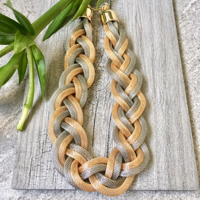 A-SHU ROSE GOLD SILVER METAL WOVEN TWIST CHUNKY CHAIN NECKLACE - A-SHU.CO.UK