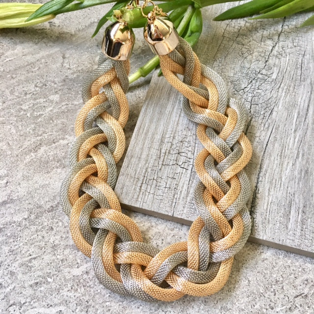 A-SHU ROSE GOLD SILVER METAL WOVEN TWIST CHUNKY CHAIN NECKLACE - A-SHU.CO.UK